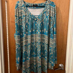 Size 4X - Folunsi - Blue Tone Long Sleeve Pullover Blouse